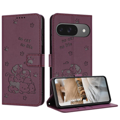 Google Pixel 10 Pro Embossed Kitten PU Leather Wallet Case with Card Slots, Cash Pocket, Kickstand Function, Wrist Lanyard Strap, Full Protective TPU Flip Cover