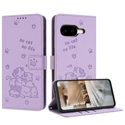 Google Pixel 10a Embossed Kitten PU Leather Wallet Case with Card Slots, Cash Pocket, Kickstand Function, Wrist Lanyard Strap, Full Protective TPU Flip Cover