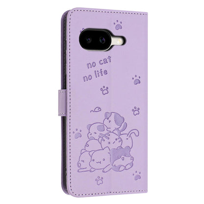 Google Pixel 10a Embossed Kitten PU Leather Wallet Case with Card Slots, Cash Pocket, Kickstand Function, Wrist Lanyard Strap, Full Protective TPU Flip Cover