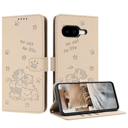 Google Pixel 10a Embossed Kitten PU Leather Wallet Case with Card Slots, Cash Pocket, Kickstand Function, Wrist Lanyard Strap, Full Protective TPU Flip Cover