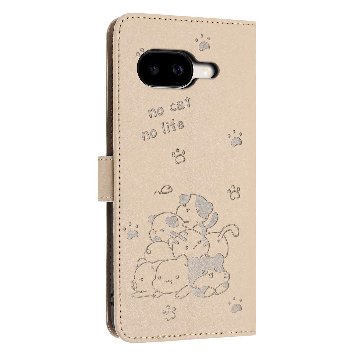 Google Pixel 10a Embossed Kitten PU Leather Wallet Case with Card Slots, Cash Pocket, Kickstand Function, Wrist Lanyard Strap, Full Protective TPU Flip Cover