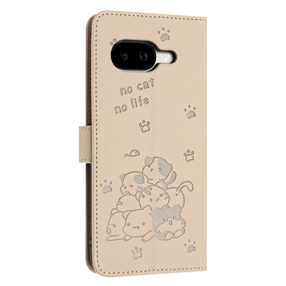 Google Pixel 10a Embossed Kitten PU Leather Wallet Case with Card Slots, Cash Pocket, Kickstand Function, Wrist Lanyard Strap, Full Protective TPU Flip Cover
