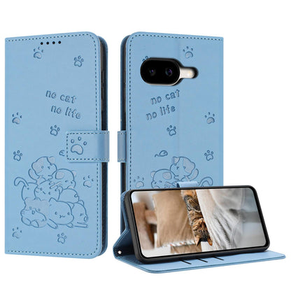Google Pixel 10a Embossed Kitten PU Leather Wallet Case with Card Slots, Cash Pocket, Kickstand Function, Wrist Lanyard Strap, Full Protective TPU Flip Cover