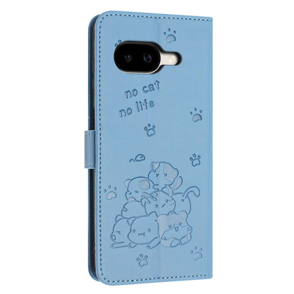 Google Pixel 10a Embossed Kitten PU Leather Wallet Case with Card Slots, Cash Pocket, Kickstand Function, Wrist Lanyard Strap, Full Protective TPU Flip Cover