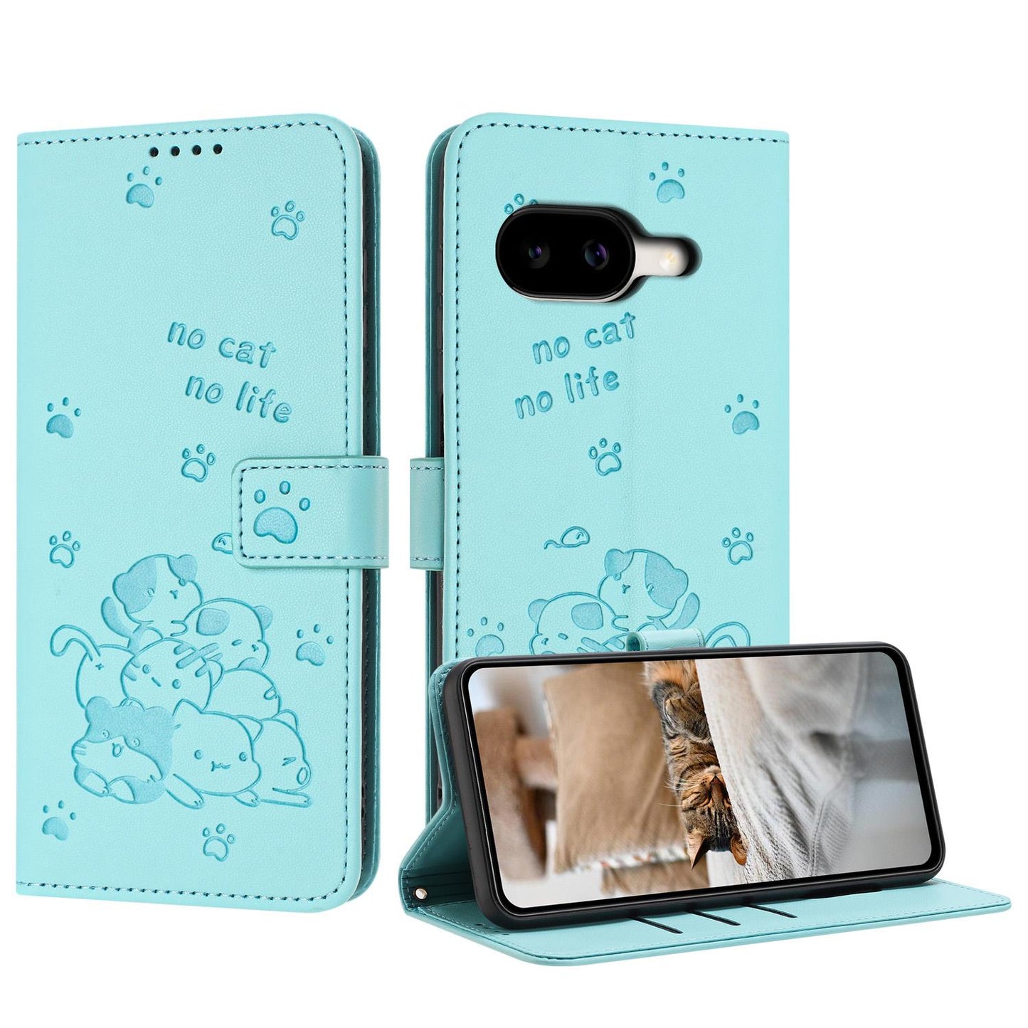 Google Pixel 10a Embossed Kitten PU Leather Wallet Case with Card Slots, Cash Pocket, Kickstand Function, Wrist Lanyard Strap, Full Protective TPU Flip Cover