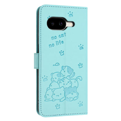 Google Pixel 10a Embossed Kitten PU Leather Wallet Case with Card Slots, Cash Pocket, Kickstand Function, Wrist Lanyard Strap, Full Protective TPU Flip Cover