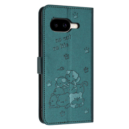 Google Pixel 10a Embossed Kitten PU Leather Wallet Case with Card Slots, Cash Pocket, Kickstand Function, Wrist Lanyard Strap, Full Protective TPU Flip Cover