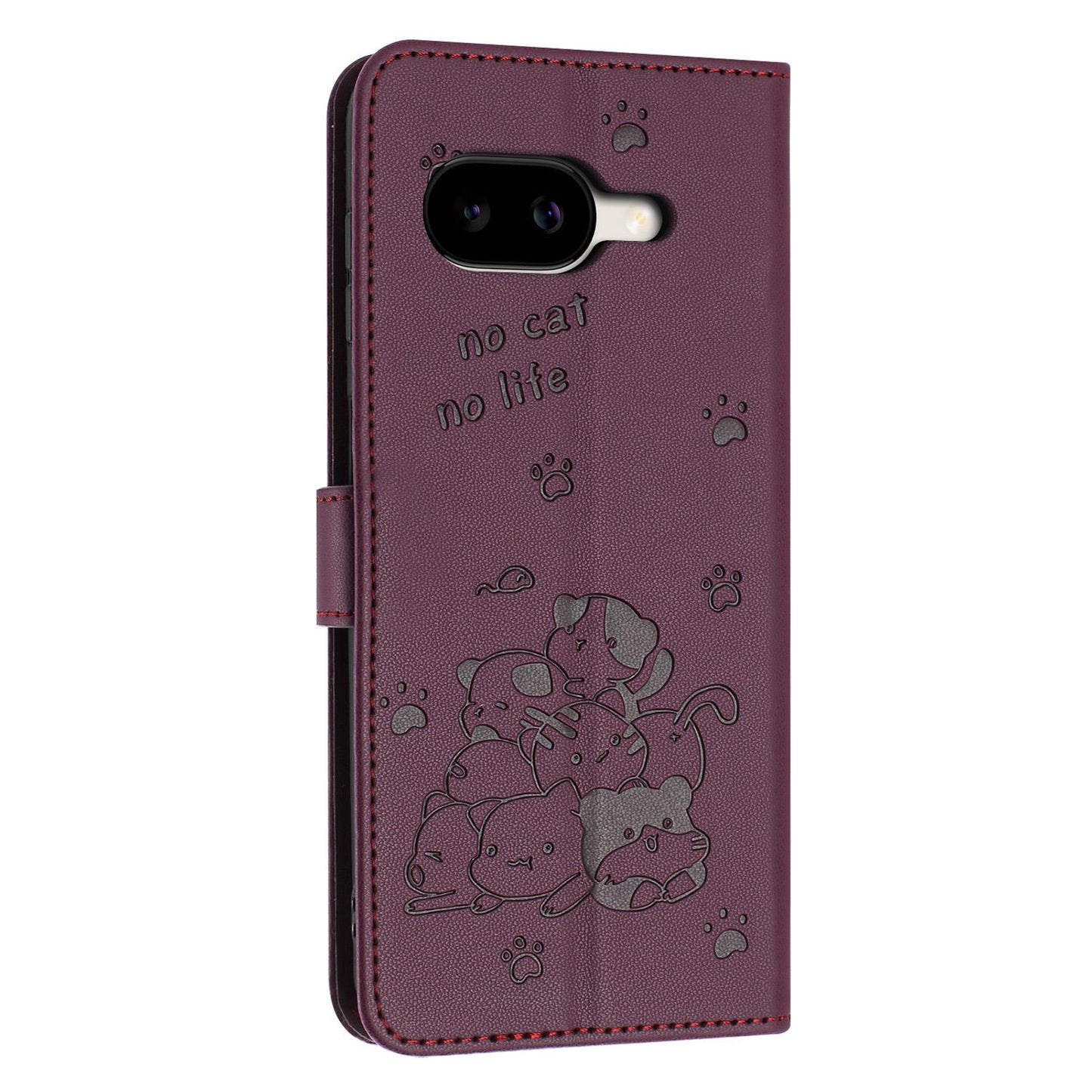 Google Pixel 10a Embossed Kitten PU Leather Wallet Case with Card Slots, Cash Pocket, Kickstand Function, Wrist Lanyard Strap, Full Protective TPU Flip Cover