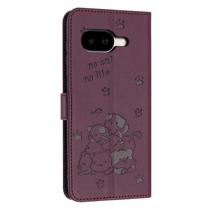 Google Pixel 10a Embossed Kitten PU Leather Wallet Case with Card Slots, Cash Pocket, Kickstand Function, Wrist Lanyard Strap, Full Protective TPU Flip Cover
