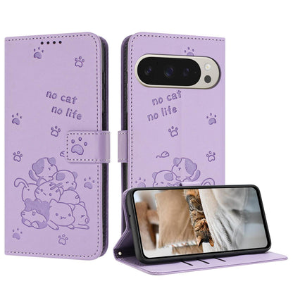 Google Pixel 11 Pro XL Embossed Kitten PU Leather Wallet Case with Card Slots, Cash Pocket, Kickstand Function, Wrist Lanyard Strap, Full Protective TPU Flip Cover
