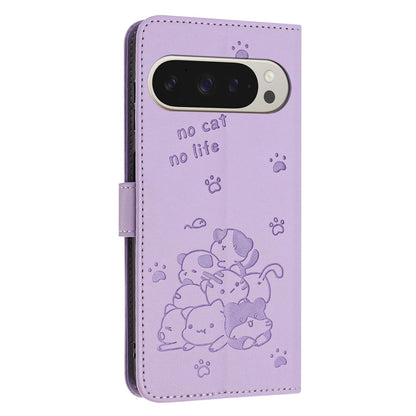 Google Pixel 11 Pro XL Embossed Kitten PU Leather Wallet Case with Card Slots, Cash Pocket, Kickstand Function, Wrist Lanyard Strap, Full Protective TPU Flip Cover