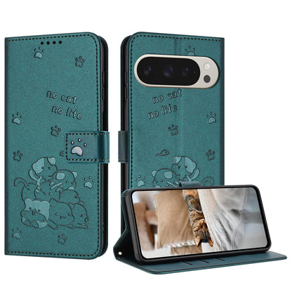 Google Pixel 11 Pro XL Embossed Kitten PU Leather Wallet Case with Card Slots, Cash Pocket, Kickstand Function, Wrist Lanyard Strap, Full Protective TPU Flip Cover