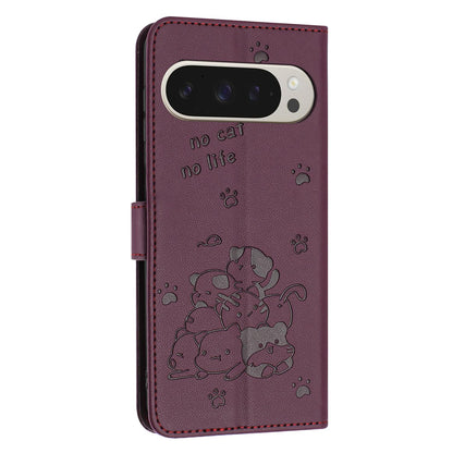 Google Pixel 11 Pro XL Embossed Kitten PU Leather Wallet Case with Card Slots, Cash Pocket, Kickstand Function, Wrist Lanyard Strap, Full Protective TPU Flip Cover