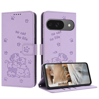 Google Pixel 11 Embossed Kitten PU Leather Wallet Case with Card Slots, Cash Pocket, Kickstand Function, Wrist Lanyard Strap, Full Protective TPU Flip Cover