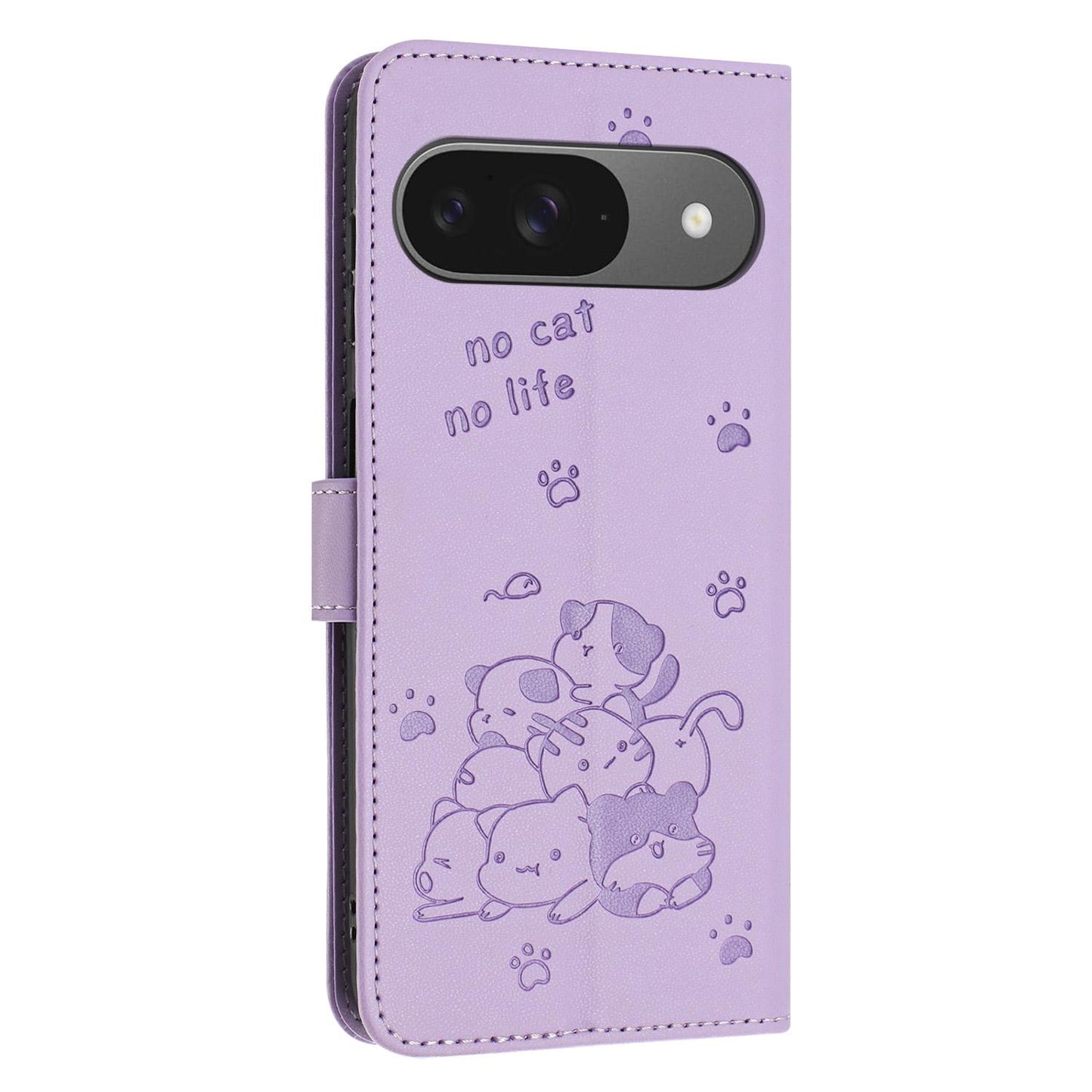 Google Pixel 11 Embossed Kitten PU Leather Wallet Case with Card Slots, Cash Pocket, Kickstand Function, Wrist Lanyard Strap, Full Protective TPU Flip Cover