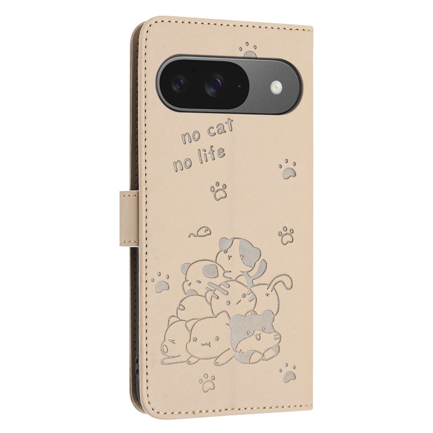 Google Pixel 11 Pro Embossed Kitten PU Leather Wallet Case with Card Slots, Cash Pocket, Kickstand Function, Wrist Lanyard Strap, Full Protective TPU Flip Cover