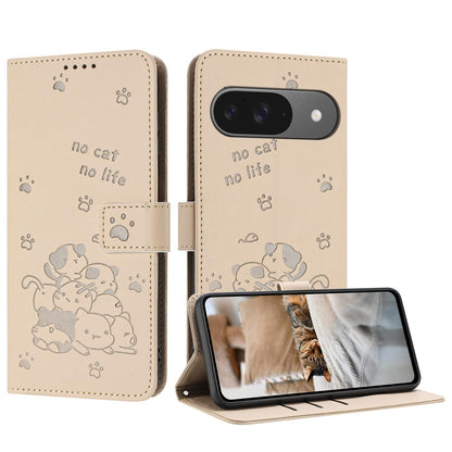 Google Pixel 11 Pro Embossed Kitten PU Leather Wallet Case with Card Slots, Cash Pocket, Kickstand Function, Wrist Lanyard Strap, Full Protective TPU Flip Cover