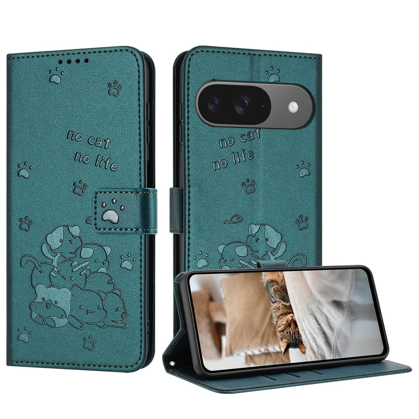 Google Pixel 11 Pro Embossed Kitten PU Leather Wallet Case with Card Slots, Cash Pocket, Kickstand Function, Wrist Lanyard Strap, Full Protective TPU Flip Cover
