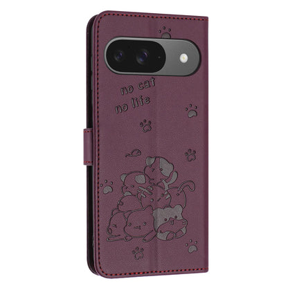 Google Pixel 11 Embossed Kitten PU Leather Wallet Case with Card Slots, Cash Pocket, Kickstand Function, Wrist Lanyard Strap, Full Protective TPU Flip Cover
