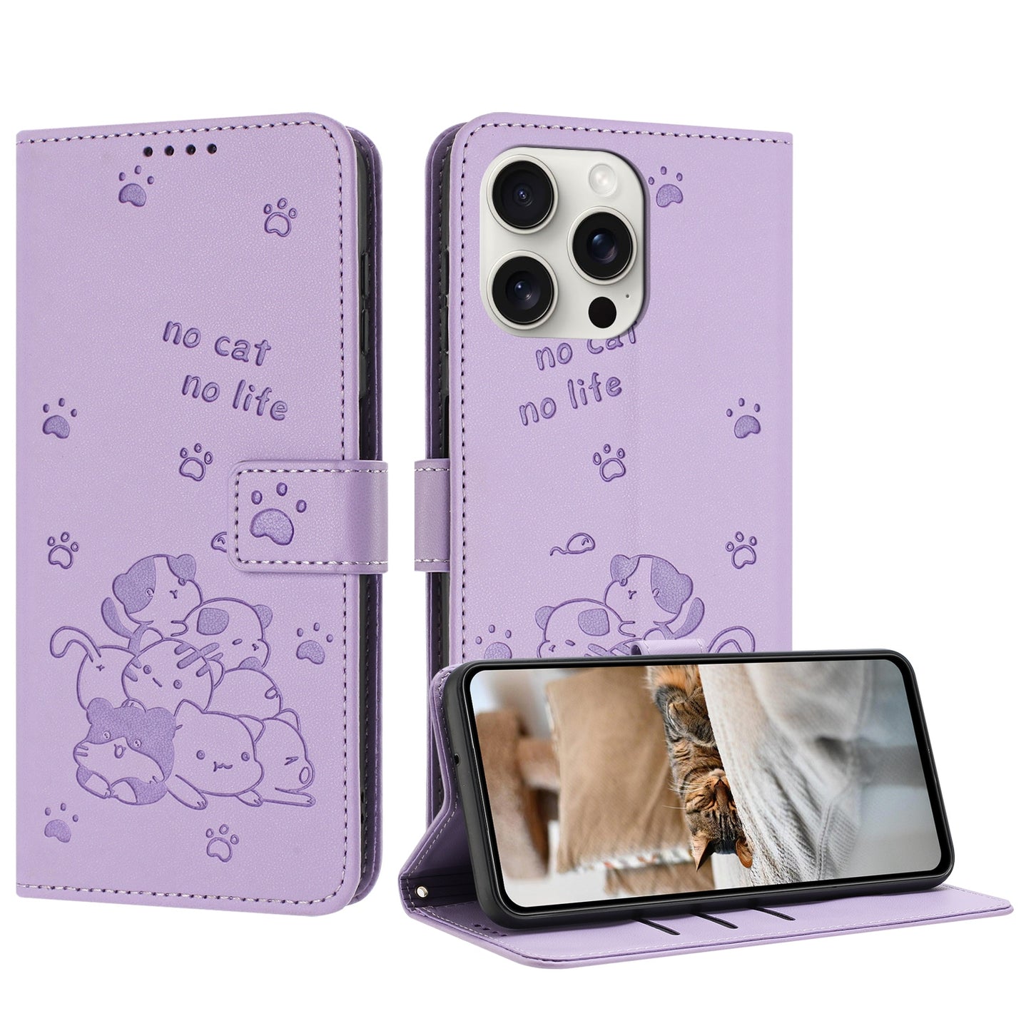 Apple iPhone 16 Pro Max Embossed Kitten PU Leather Wallet Case with Card Slots, Cash Pocket, Kickstand Function, Wrist Lanyard Strap, Full Protective TPU Flip Cover