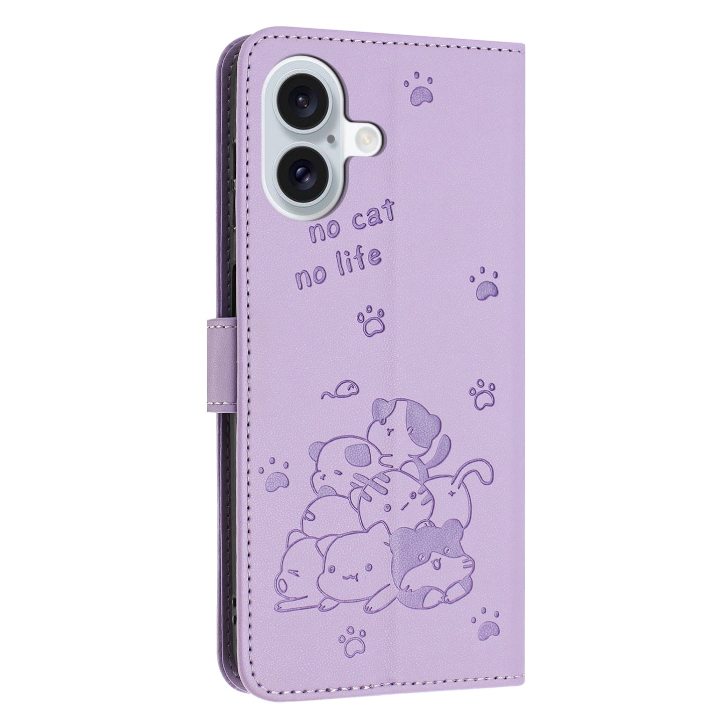 Apple iPhone 16 Plus Embossed Kitten PU Leather Wallet Case with Card Slots, Cash Pocket, Kickstand Function, Wrist Lanyard Strap, Full Protective TPU Flip Cover