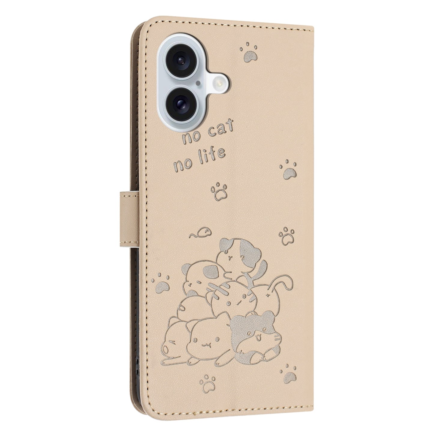 Apple iPhone 16 Plus Embossed Kitten PU Leather Wallet Case with Card Slots, Cash Pocket, Kickstand Function, Wrist Lanyard Strap, Full Protective TPU Flip Cover