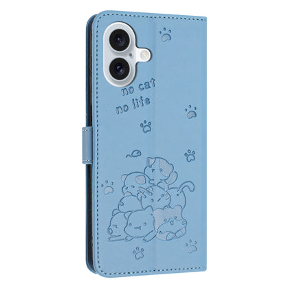 Apple iPhone 16 Plus Embossed Kitten PU Leather Wallet Case with Card Slots, Cash Pocket, Kickstand Function, Wrist Lanyard Strap, Full Protective TPU Flip Cover