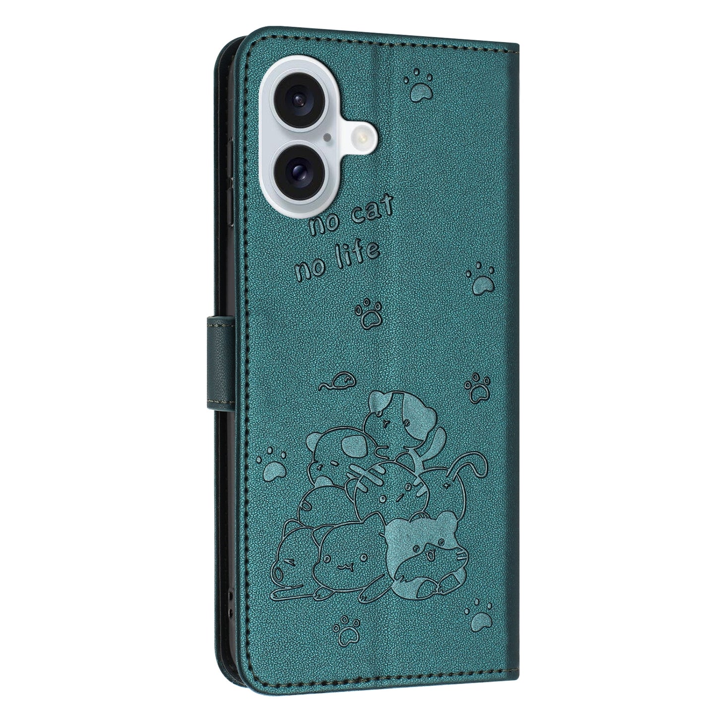 Apple iPhone 16 Plus Embossed Kitten PU Leather Wallet Case with Card Slots, Cash Pocket, Kickstand Function, Wrist Lanyard Strap, Full Protective TPU Flip Cover