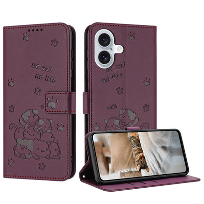 Apple iPhone 16 Plus Embossed Kitten PU Leather Wallet Case with Card Slots, Cash Pocket, Kickstand Function, Wrist Lanyard Strap, Full Protective TPU Flip Cover