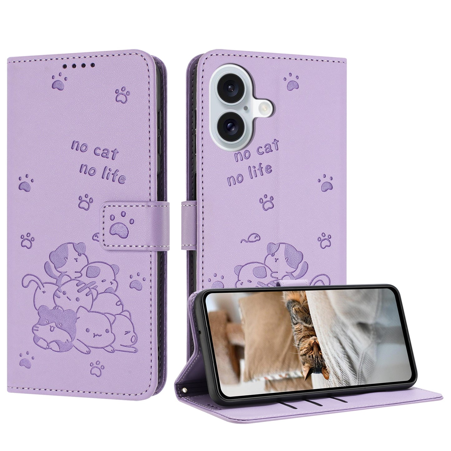 Apple iPhone 16 Embossed Kitten PU Leather Wallet Case with Card Slots, Cash Pocket, Kickstand Function, Wrist Lanyard Strap, Full Protective TPU Flip Cover