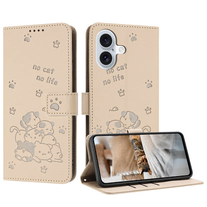 Apple iPhone 16 Embossed Kitten PU Leather Wallet Case with Card Slots, Cash Pocket, Kickstand Function, Wrist Lanyard Strap, Full Protective TPU Flip Cover