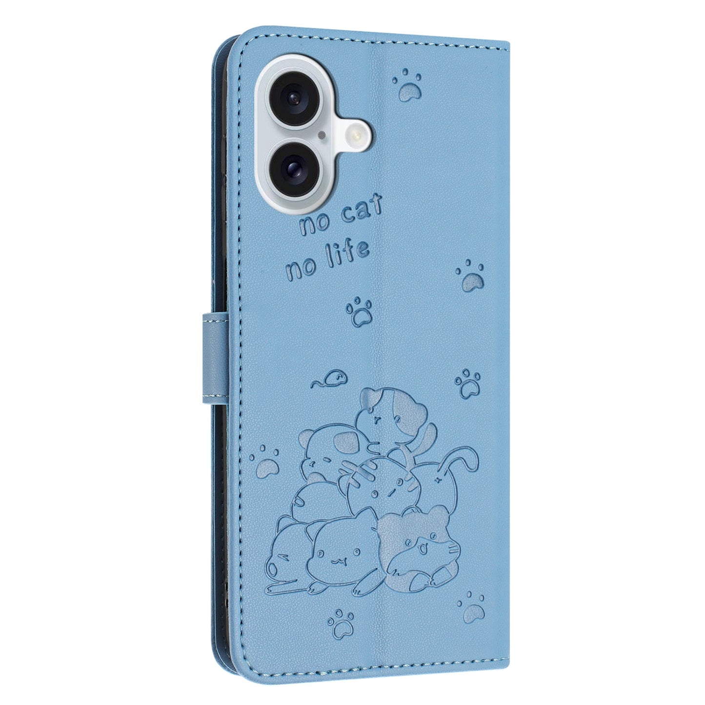 Apple iPhone 16 Embossed Kitten PU Leather Wallet Case with Card Slots, Cash Pocket, Kickstand Function, Wrist Lanyard Strap, Full Protective TPU Flip Cover