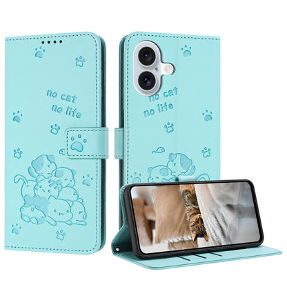 Apple iPhone 16 Embossed Kitten PU Leather Wallet Case with Card Slots, Cash Pocket, Kickstand Function, Wrist Lanyard Strap, Full Protective TPU Flip Cover