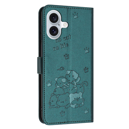 Apple iPhone 16 Embossed Kitten PU Leather Wallet Case with Card Slots, Cash Pocket, Kickstand Function, Wrist Lanyard Strap, Full Protective TPU Flip Cover