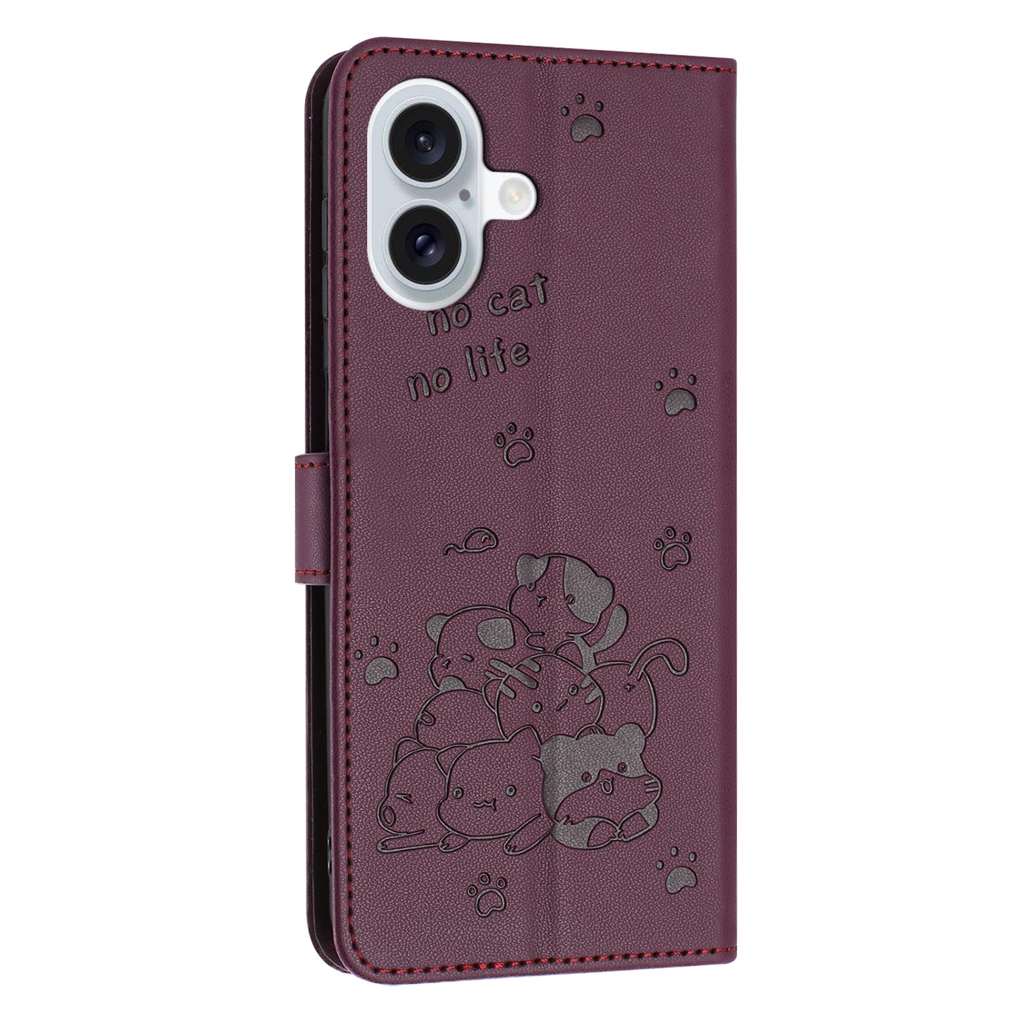 Apple iPhone 16 Embossed Kitten PU Leather Wallet Case with Card Slots, Cash Pocket, Kickstand Function, Wrist Lanyard Strap, Full Protective TPU Flip Cover