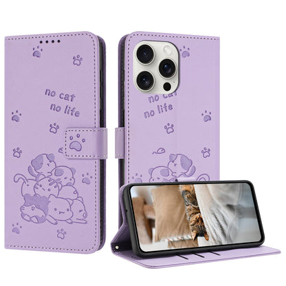Apple iPhone 15 Pro Max Embossed Kitten PU Leather Wallet Case with Card Slots, Cash Pocket, Kickstand Function, Wrist Lanyard Strap, Full Protective TPU Flip Cover