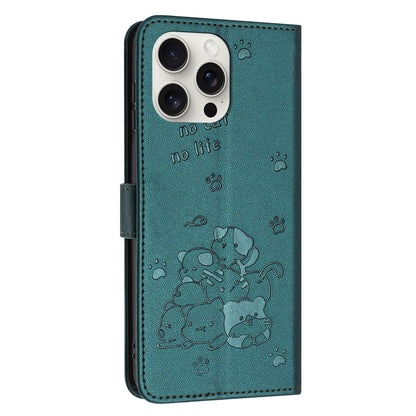 Apple iPhone 15 Pro Max Embossed Kitten PU Leather Wallet Case with Card Slots, Cash Pocket, Kickstand Function, Wrist Lanyard Strap, Full Protective TPU Flip Cover