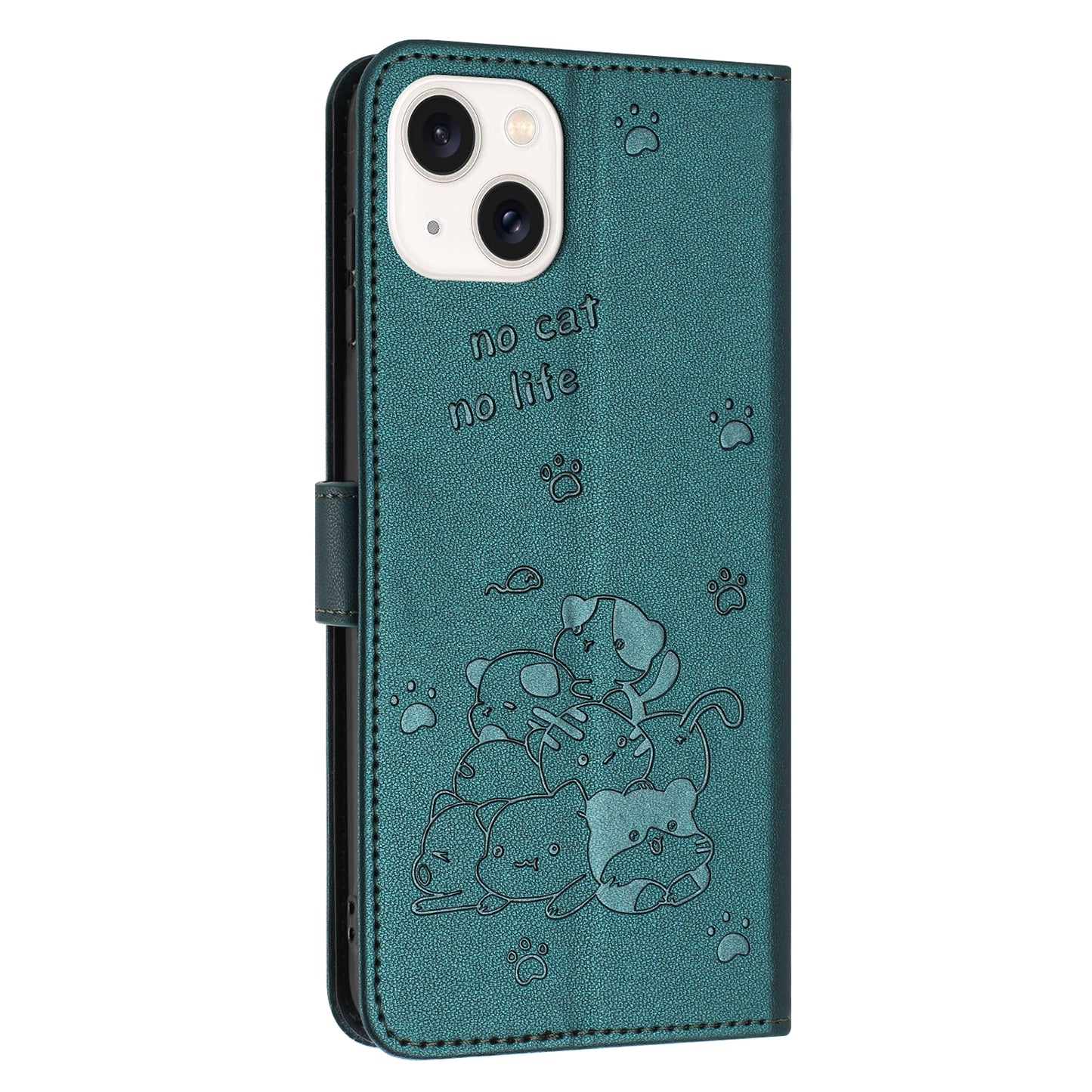 Apple iPhone 15 Plus Embossed Kitten PU Leather Wallet Case with Card Slots, Cash Pocket, Kickstand Function, Wrist Lanyard Strap, Full Protective TPU Flip Cover