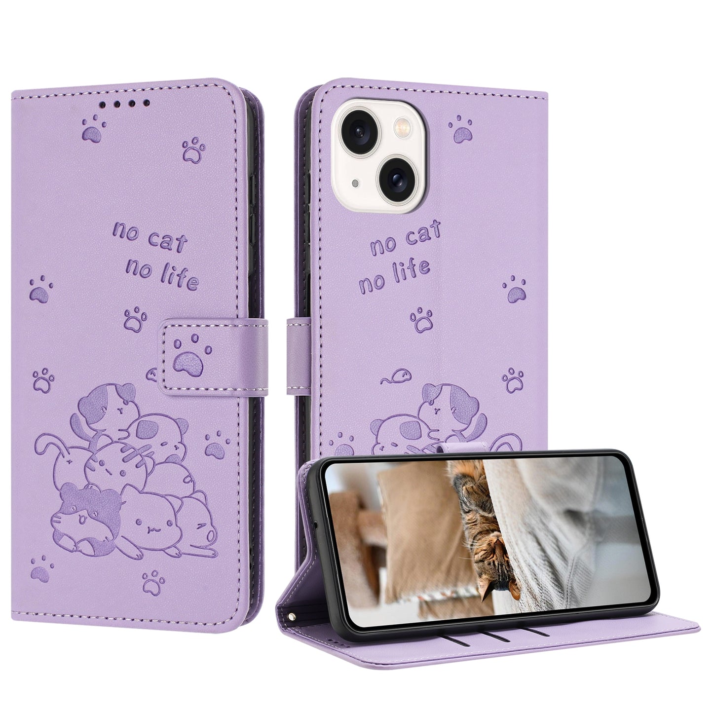 Apple iPhone 15 Embossed Kitten PU Leather Wallet Case with Card Slots, Cash Pocket, Kickstand Function, Wrist Lanyard Strap, Full Protective TPU Flip Cover