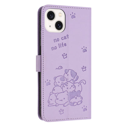 Apple iPhone 15 Embossed Kitten PU Leather Wallet Case with Card Slots, Cash Pocket, Kickstand Function, Wrist Lanyard Strap, Full Protective TPU Flip Cover