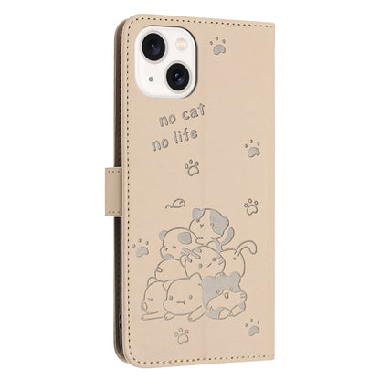 Apple iPhone 15 Embossed Kitten PU Leather Wallet Case with Card Slots, Cash Pocket, Kickstand Function, Wrist Lanyard Strap, Full Protective TPU Flip Cover