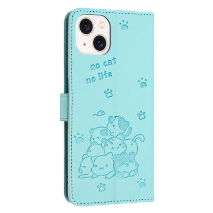 Apple iPhone 15 Embossed Kitten PU Leather Wallet Case with Card Slots, Cash Pocket, Kickstand Function, Wrist Lanyard Strap, Full Protective TPU Flip Cover