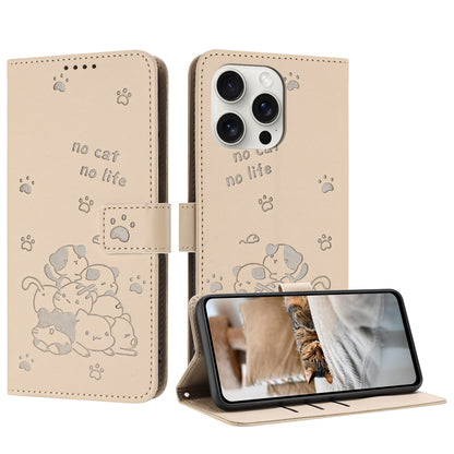 Apple iPhone 14 Pro Max Embossed Kitten PU Leather Wallet Case with Card Slots, Cash Pocket, Kickstand Function, Wrist Lanyard Strap, Full Protective TPU Flip Cover