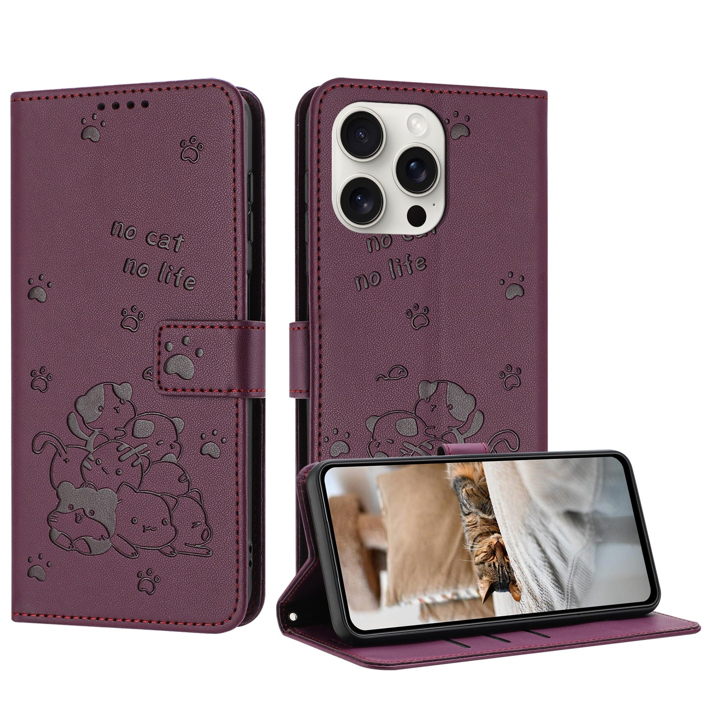 Apple iPhone 14 Pro Max Embossed Kitten PU Leather Wallet Case with Card Slots, Cash Pocket, Kickstand Function, Wrist Lanyard Strap, Full Protective TPU Flip Cover
