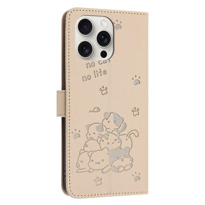Apple iPhone 14 Pro Embossed Kitten PU Leather Wallet Case with Card Slots, Cash Pocket, Kickstand Function, Wrist Lanyard Strap, Full Protective TPU Flip Cover