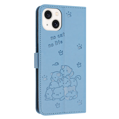 Apple iPhone 14 Plus Embossed Kitten PU Leather Wallet Case with Card Slots, Cash Pocket, Kickstand Function, Wrist Lanyard Strap, Full Protective TPU Flip Cover