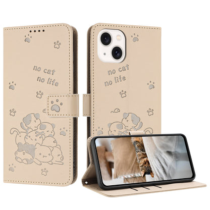 Apple iPhone 14 Embossed Kitten PU Leather Wallet Case with Card Slots, Cash Pocket, Kickstand Function, Wrist Lanyard Strap, Full Protective TPU Flip Cover