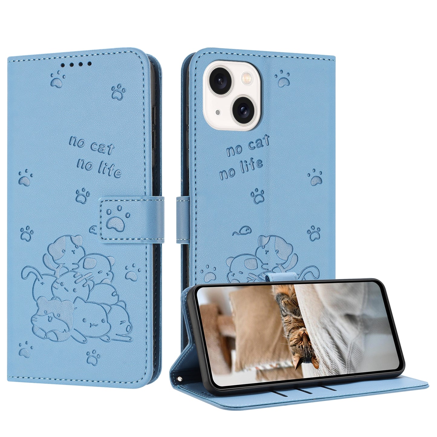 Apple iPhone 14 Embossed Kitten PU Leather Wallet Case with Card Slots, Cash Pocket, Kickstand Function, Wrist Lanyard Strap, Full Protective TPU Flip Cover