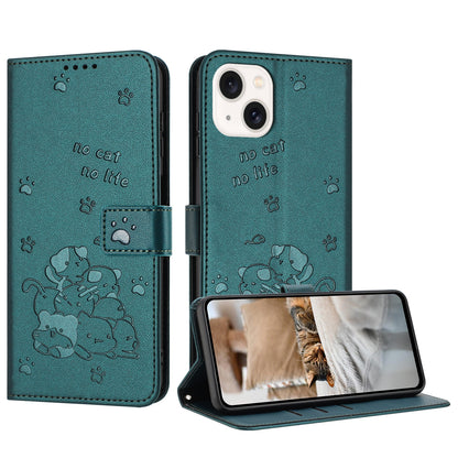 Apple iPhone 14 Embossed Kitten PU Leather Wallet Case with Card Slots, Cash Pocket, Kickstand Function, Wrist Lanyard Strap, Full Protective TPU Flip Cover