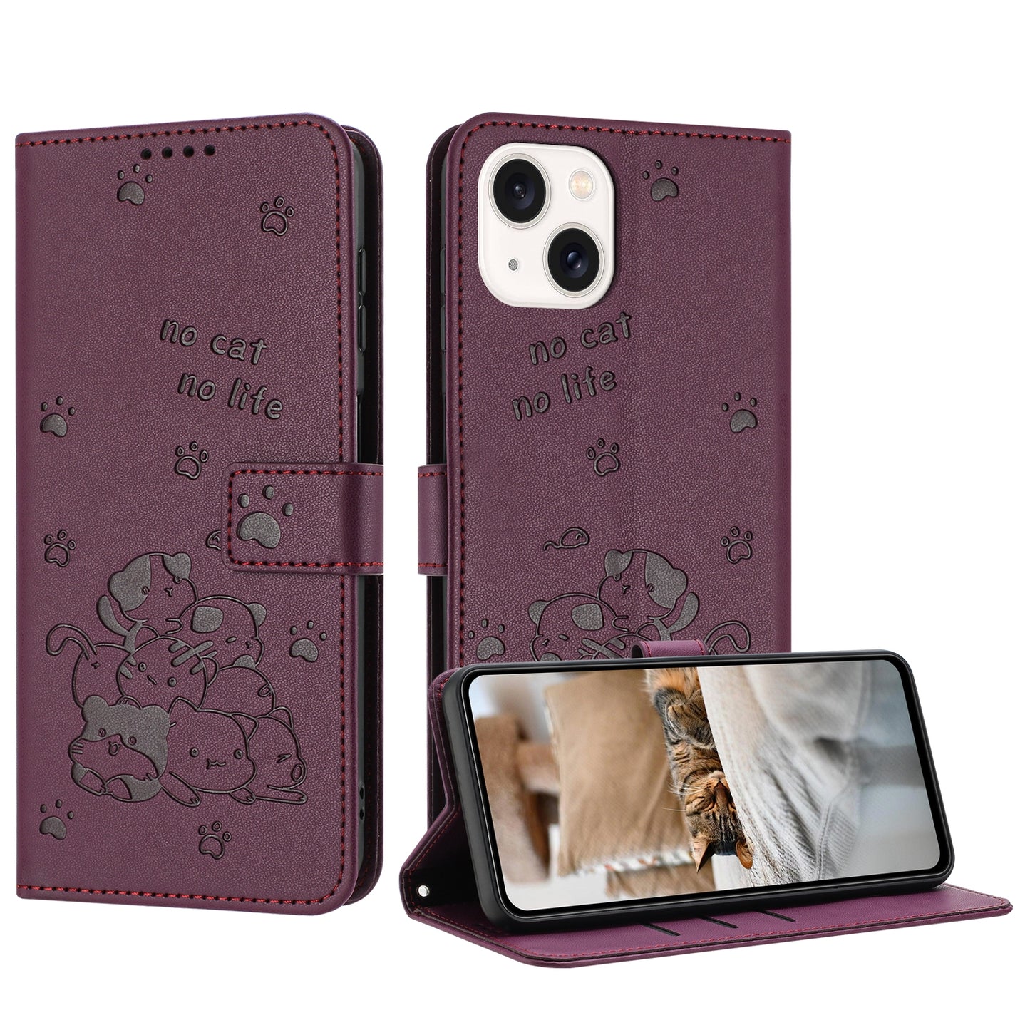 Apple iPhone 14 Embossed Kitten PU Leather Wallet Case with Card Slots, Cash Pocket, Kickstand Function, Wrist Lanyard Strap, Full Protective TPU Flip Cover